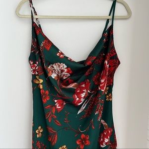 Emerald Green Floral Strappy Satin Cowl Midi Dress